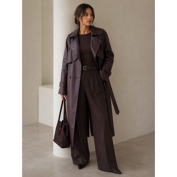 Hot fashion Jackets & Blazers - NWT Hot Fashion Burgundy Faux Leather Trench Coat Belted Long Coat One Size